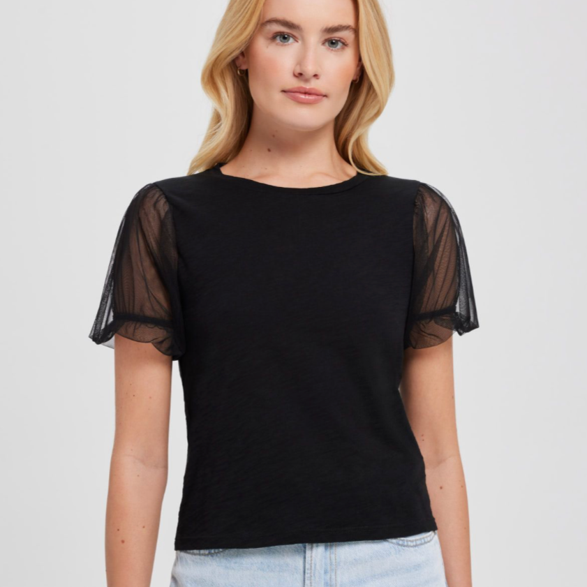 Tulle Puff Sleeve Tee Shirt in Black from Goldie.     100% Pima Cotton / 100% Poly Tulle