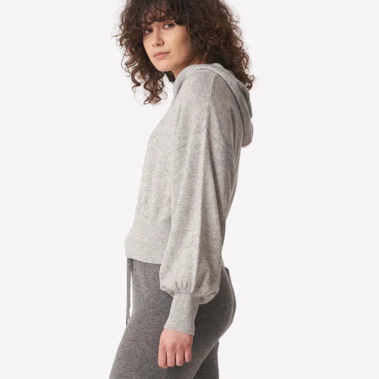 Hilary Hoodie in Grey from Brodie     The Hilary hoodie is the perfect every day staple featuring contrasting drawstrings.  Relaxed fit Sits at the waist 100% grade A Mongolian cashmere Clean non-toxic dyes Hand wash Fits true to size