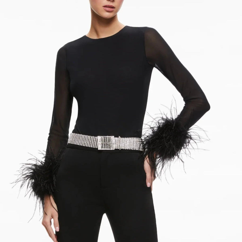 Delaina Long Sleeve Mesh Feather Cuff Top in Black from Alice and Olivia