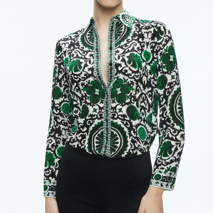 Willa Placket Top in Monarch Light Emerald from Alice and Olivia