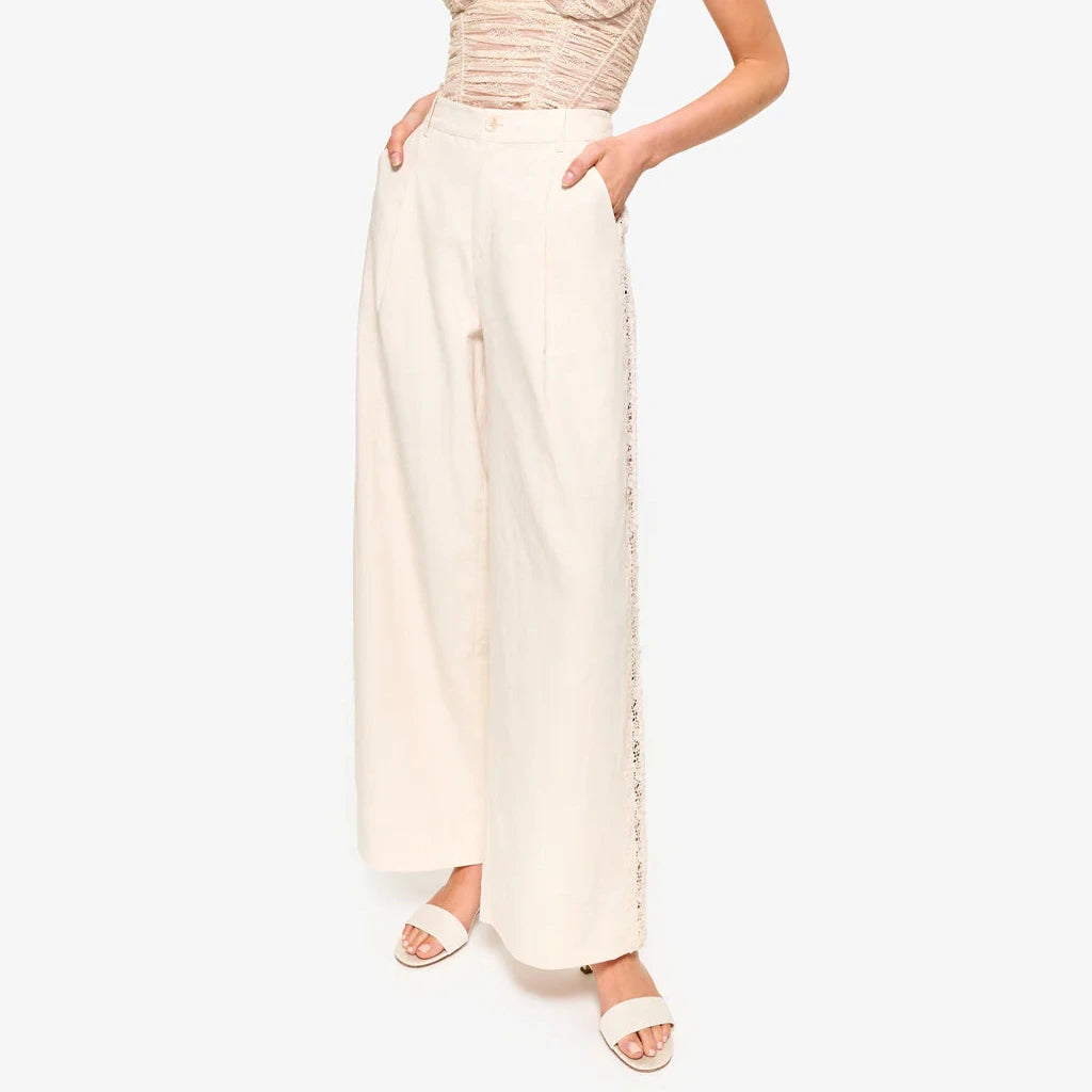Lorca High Rise Linen Pant in Bone from CAMI NYC



High waisted wide leg pant

Sheer lace panel at side

Fly construction with button and hook/bar closure

Slash pockets at front, welt pockets at back

fully lined&nbsp;