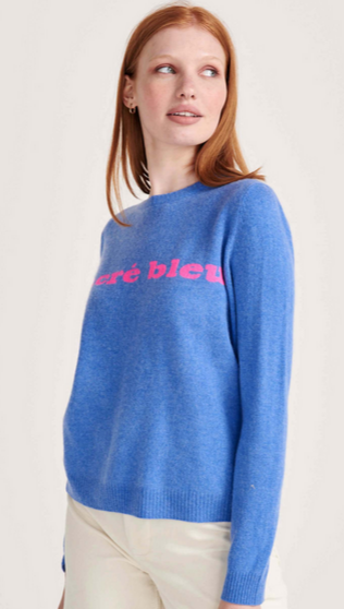 Sacre Bleu Crew Cashmere Sweater | Periwinkle + Hot Pink