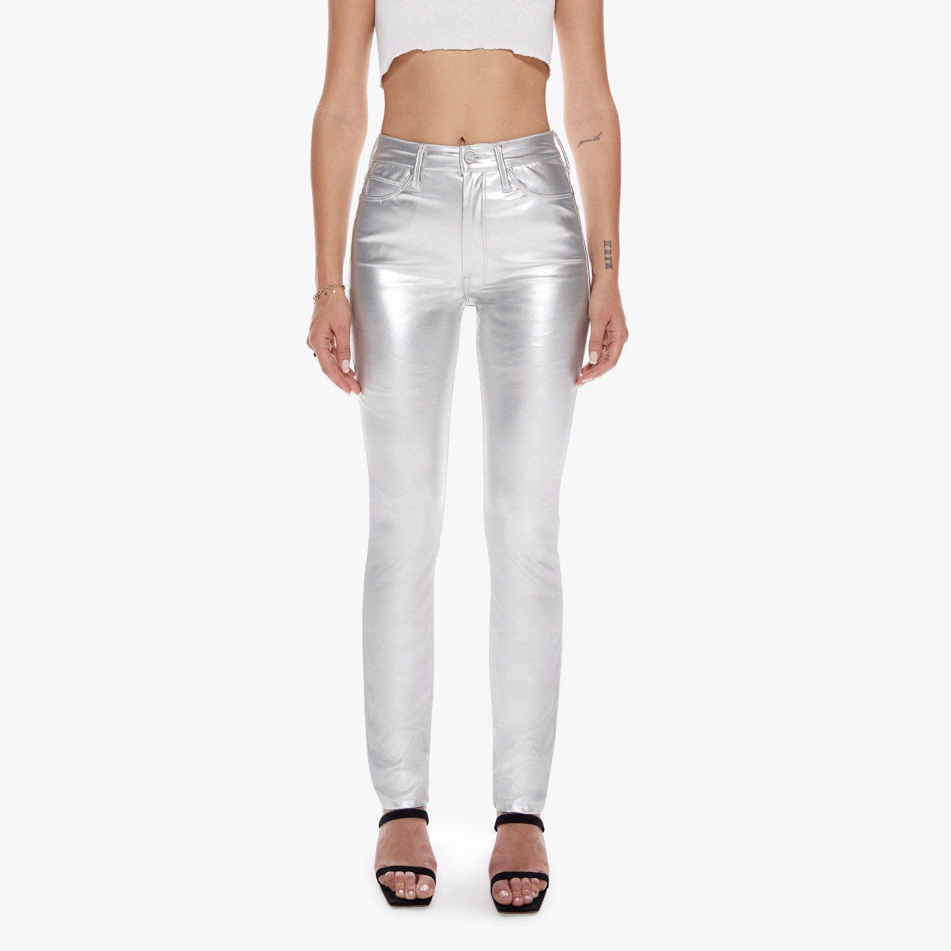 The Dazzler Skimp Pants in Rain or Shine Silver from MOTHER.