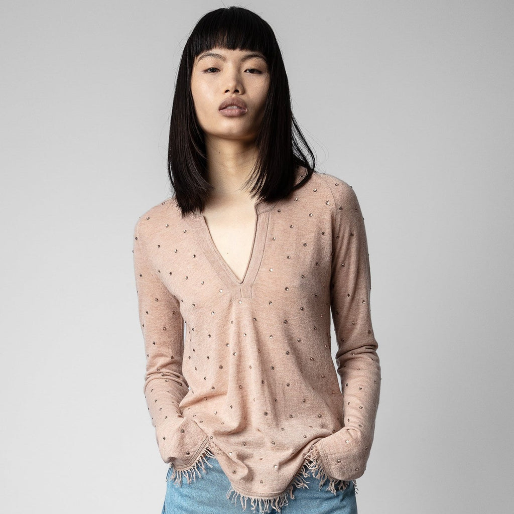 BLUSH ZADIG AND VOLTAIRE CASHMERE SWEATER CRYSTALS RHINESTONES